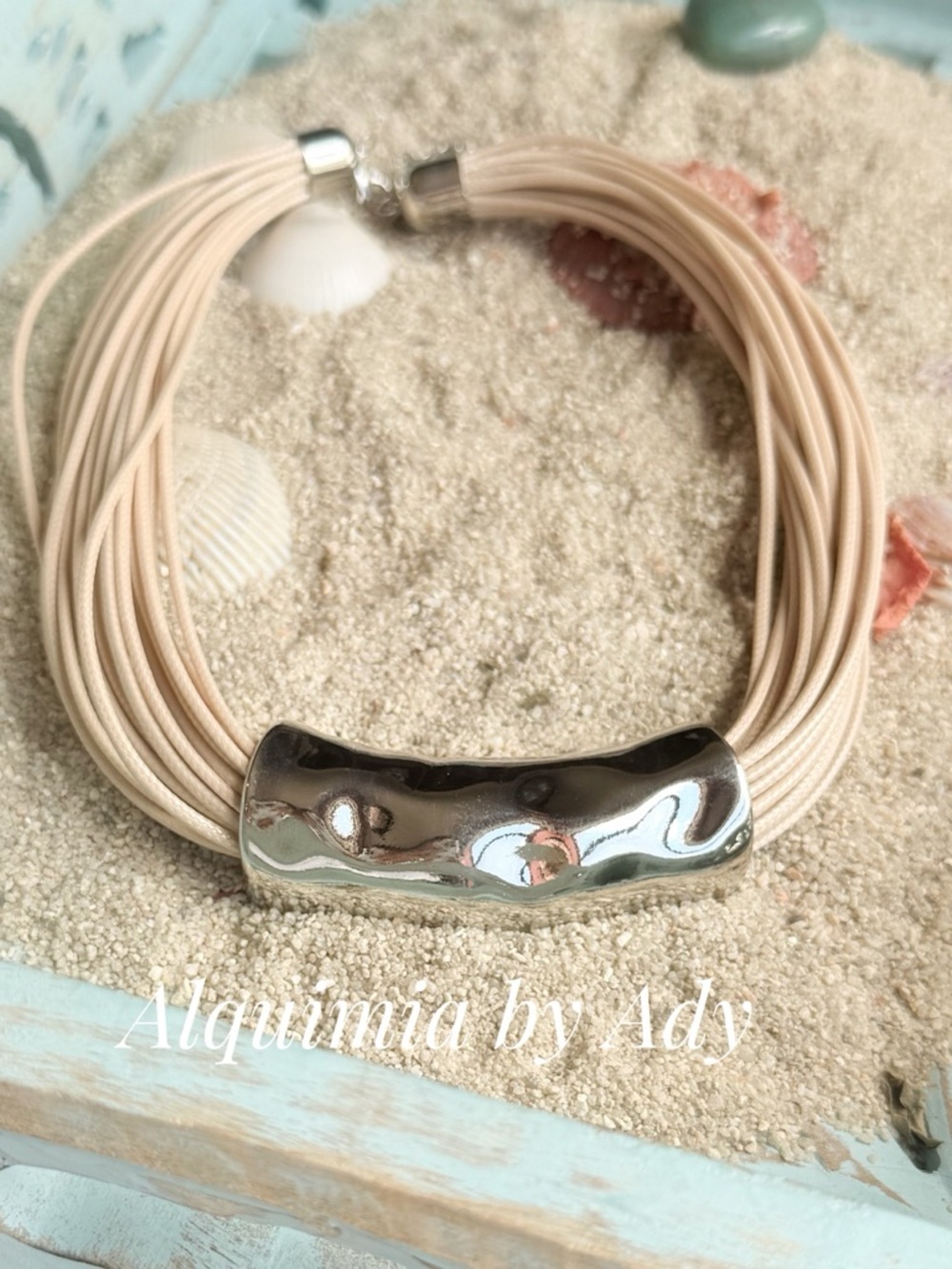 CORD GALORE +Cream Multi-Strand Necklace with Silver Curved Tube - Picture 1 of 5